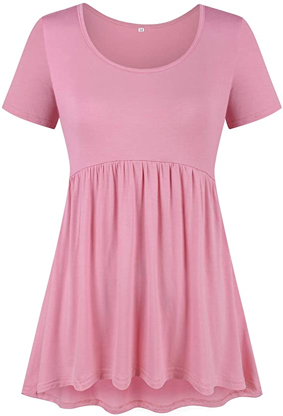 Amazon ZKHOECR Women's Round Neck Short Sleeve Flared Hem Pleated