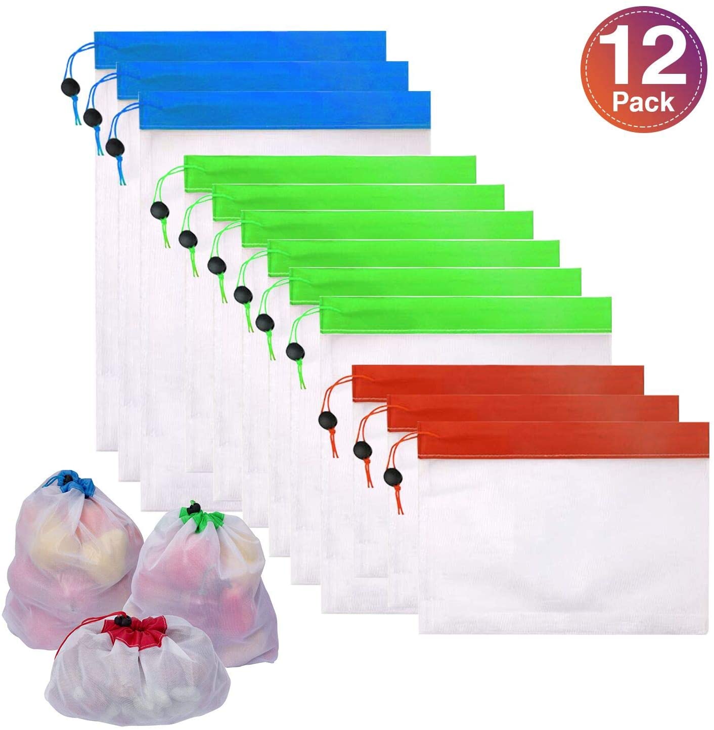 Amazon 12 pcs Reusable Mesh Produce Bags, Superior DoubleStitched