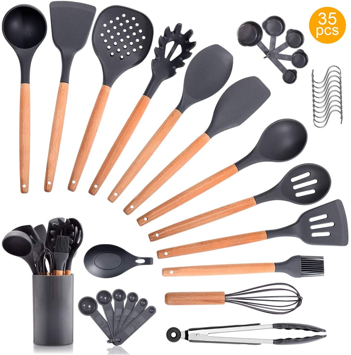 Amazon - 35PCS Wooden Silicone Kitchen Cooking Utensils ...