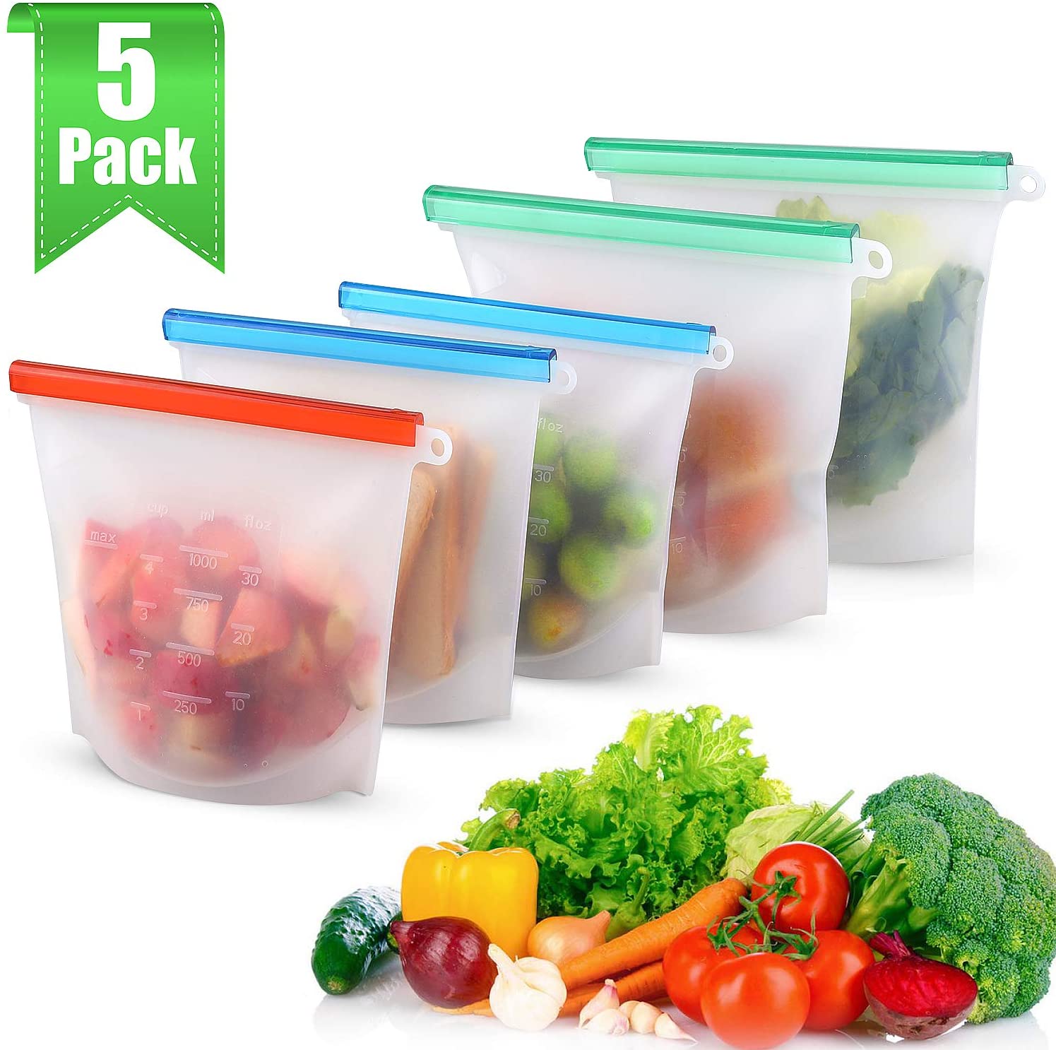 Amazon MOICO Reusable Silicone Food Storage Bags, 5 Pack Airtight