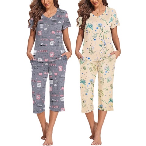 Ekouaer Women's 2-Pack Pajama Set – Short Sleeve Top & Capri Pants With Pockets, Floral Print - View #7